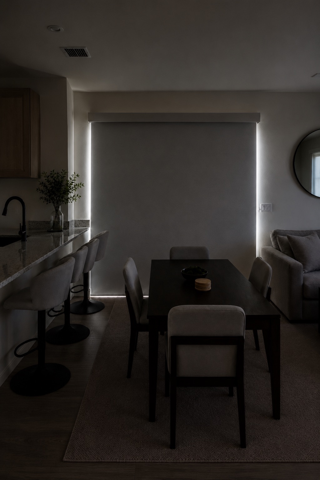 Room-darkening roller shade fully closed