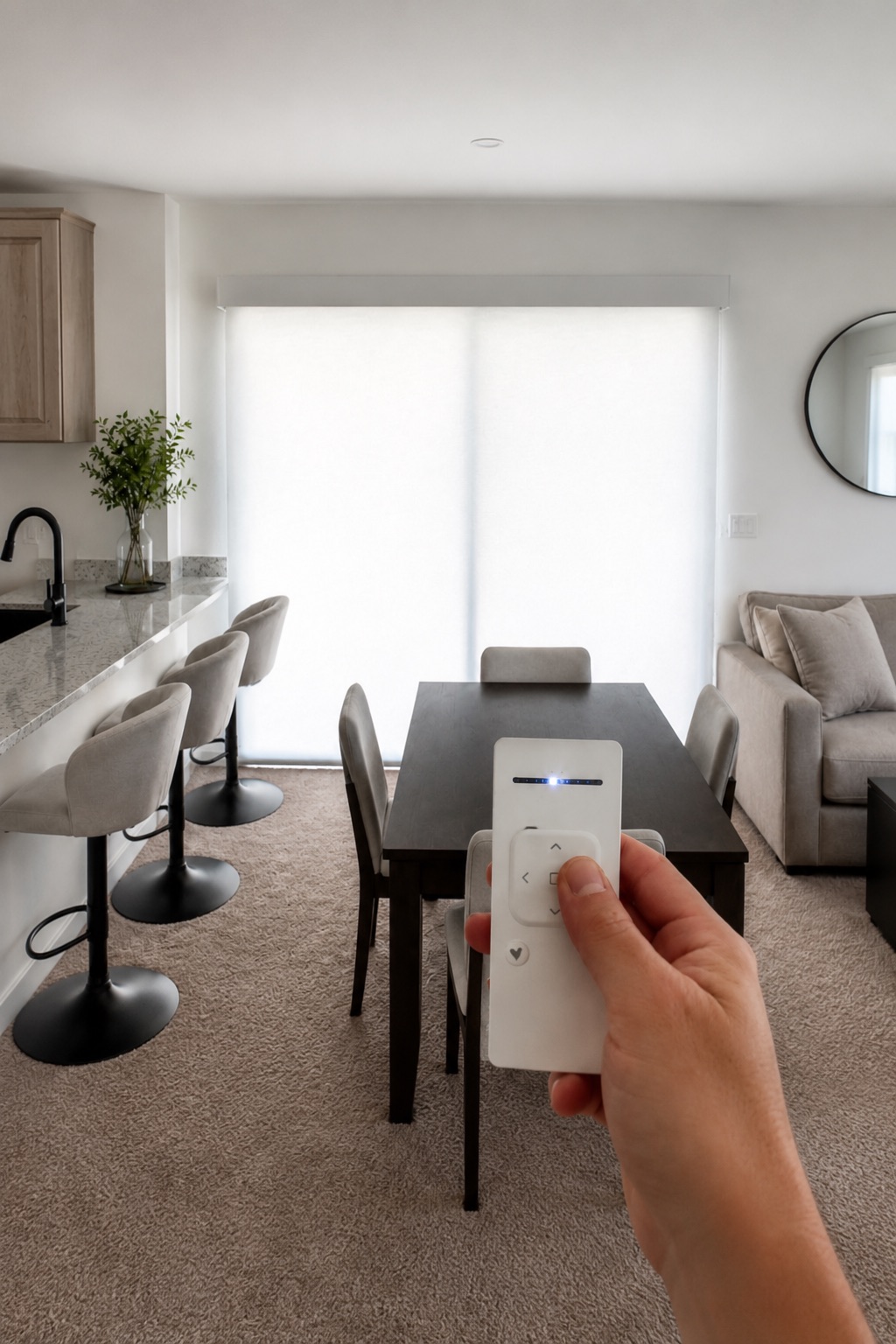 Living space with roller shades partially lowered