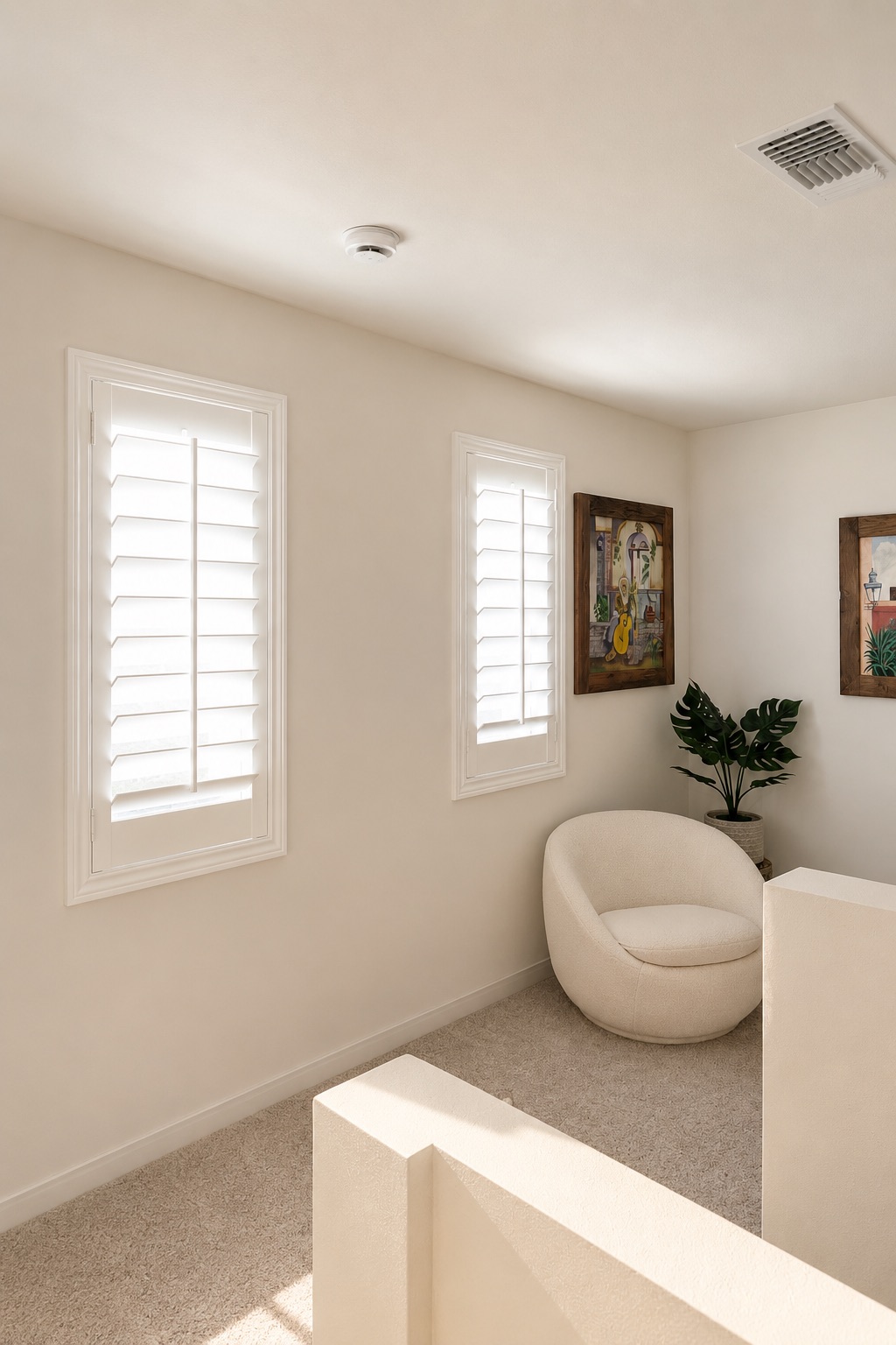 Plantation shutters on a bright stair landing