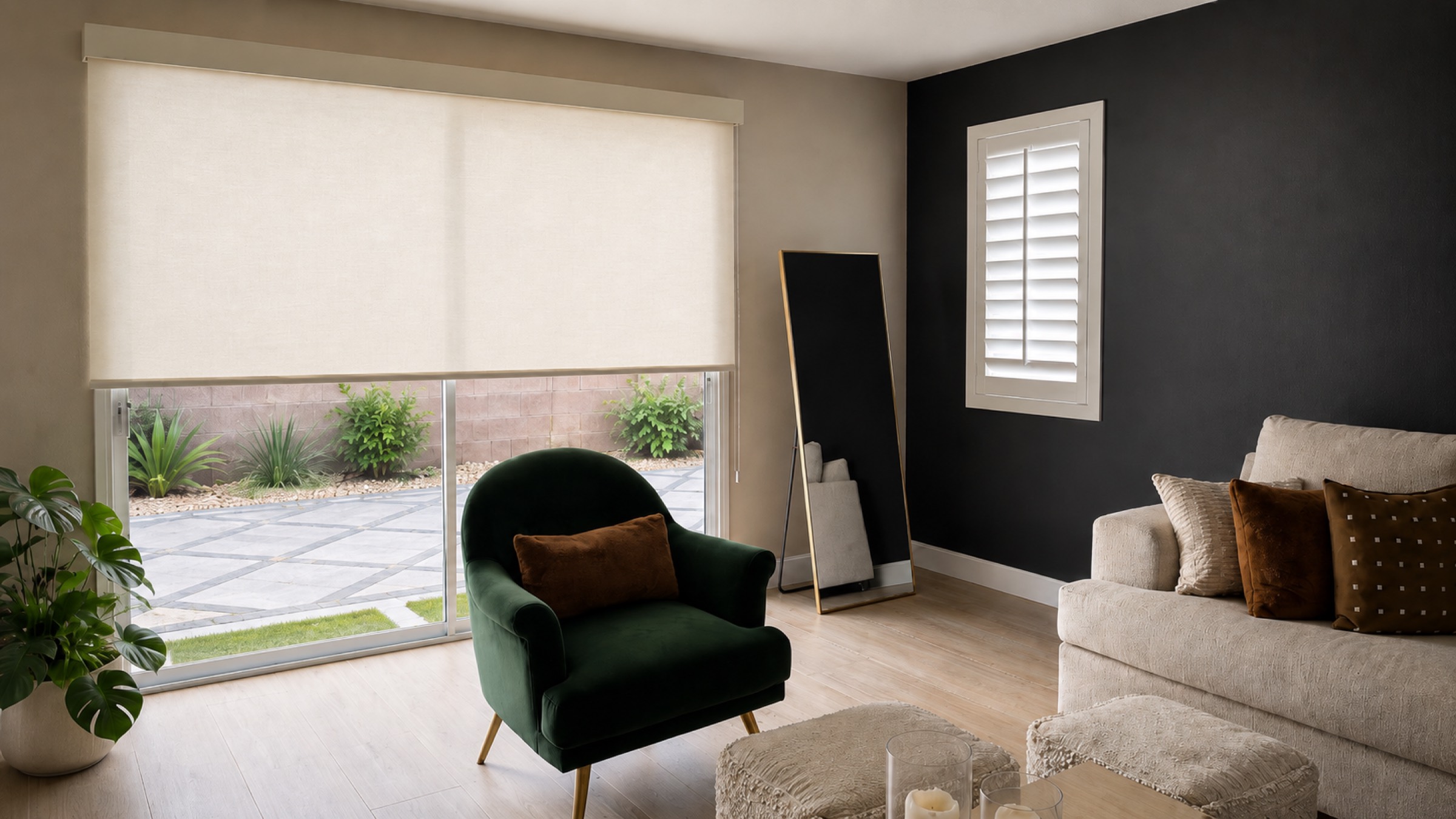 Living room with roller shade and plantation shutters