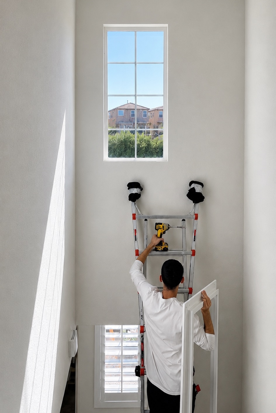Clearcut installer mounting shutters on a tall stairwell window